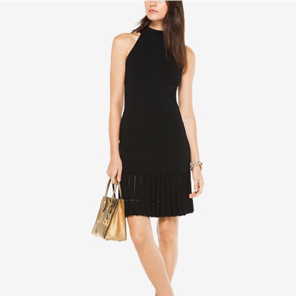 Mock-Neck Pleated Illusion Dress